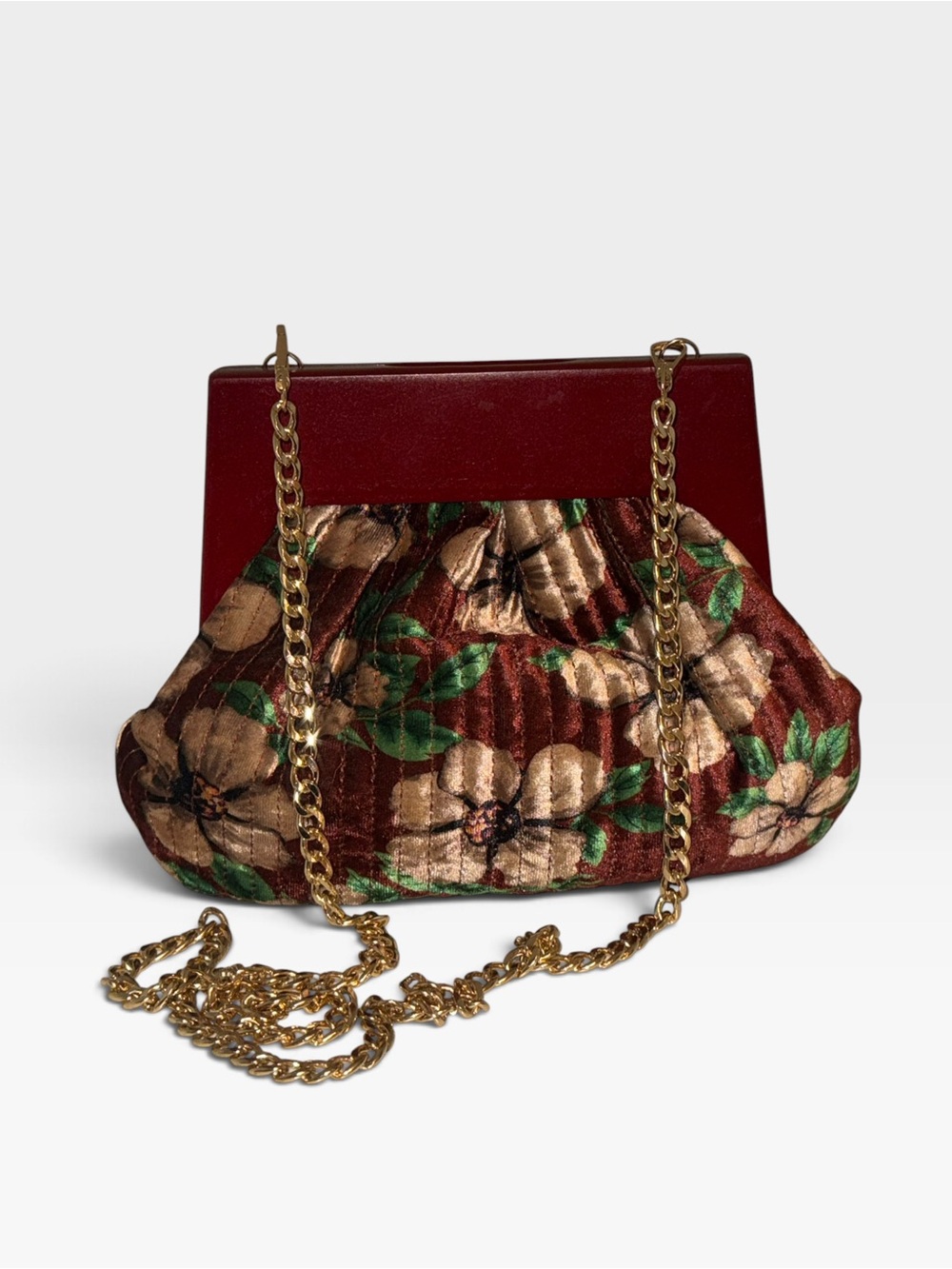 Anthropologie Velvet Floral Wood Frame Clutch Burgundy Chain Crossbody Bag NWOT